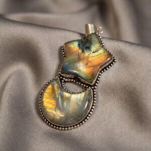 Labradorite Pendant Sterling Silver Bale Crescent Statement Jewelry 3”